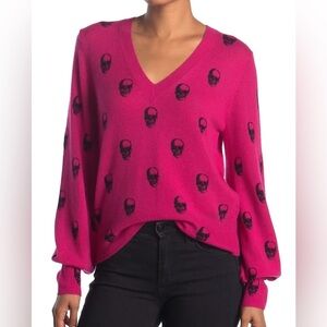 NWT SKULL CASHMERE Pink Jamie Jack Skull Print V-Neck Sweater XS